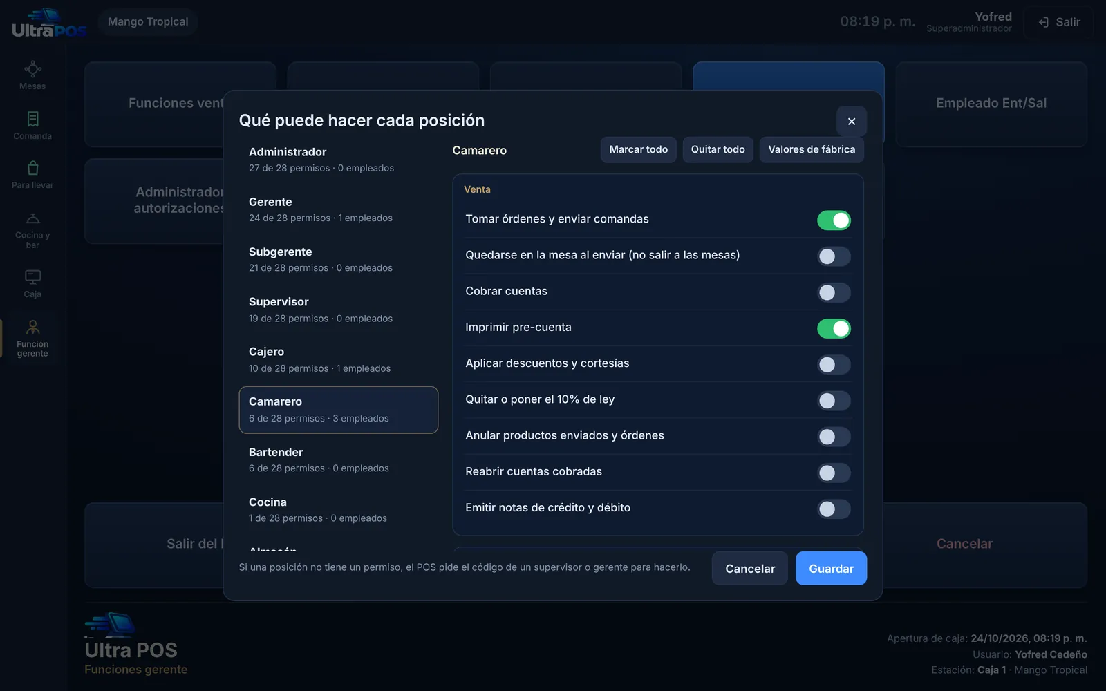 Administrador de autorizaciones con los permisos del puesto Camarero