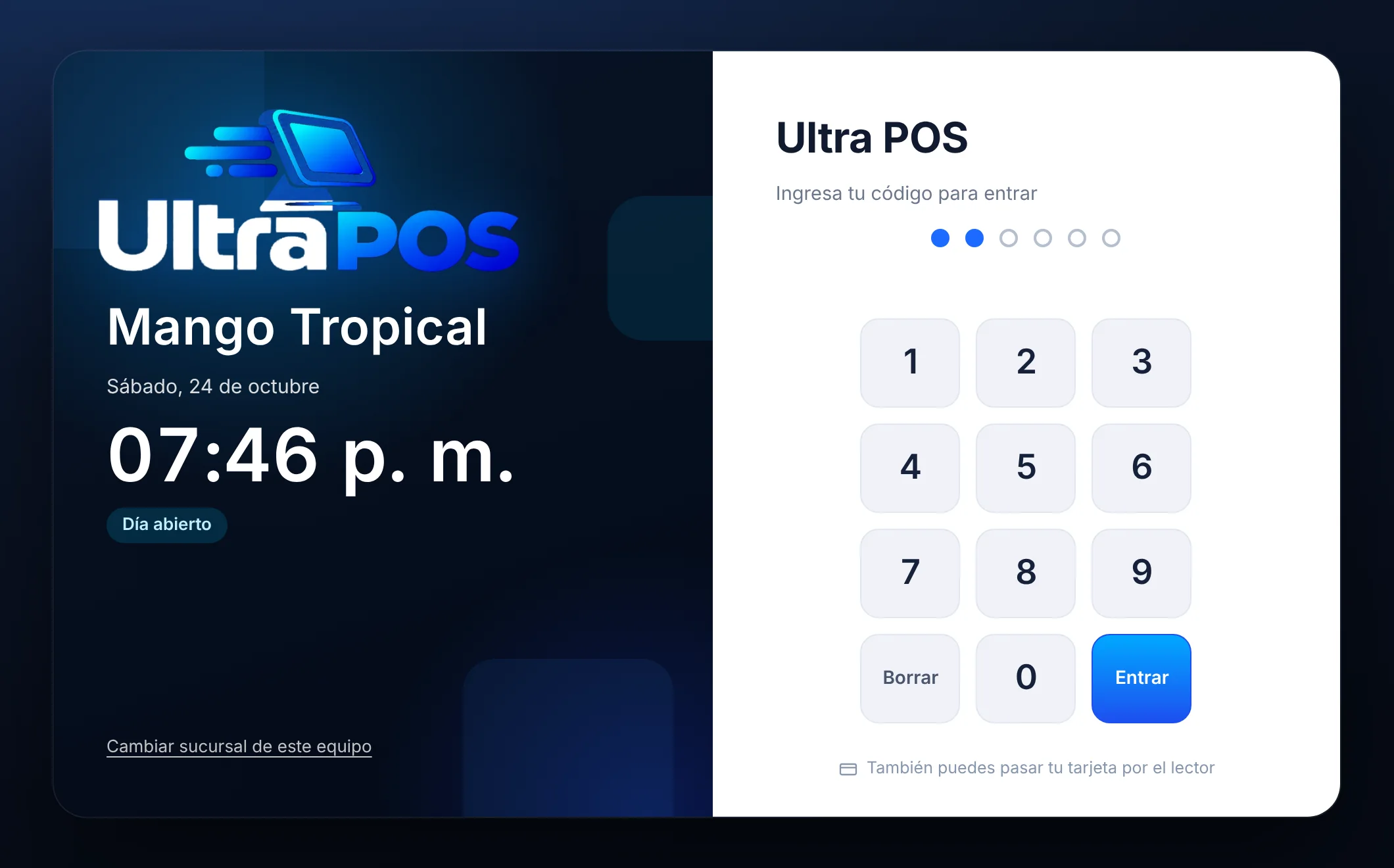 Pantalla de entrada de Ultra POS: cada empleado entra con su código personal o pasando su tarjeta